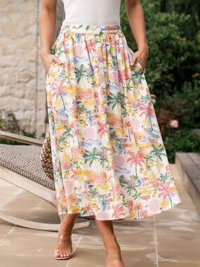 Baltic Born Gigi Button Midi Skirt | Off White + Multi Print Size XS